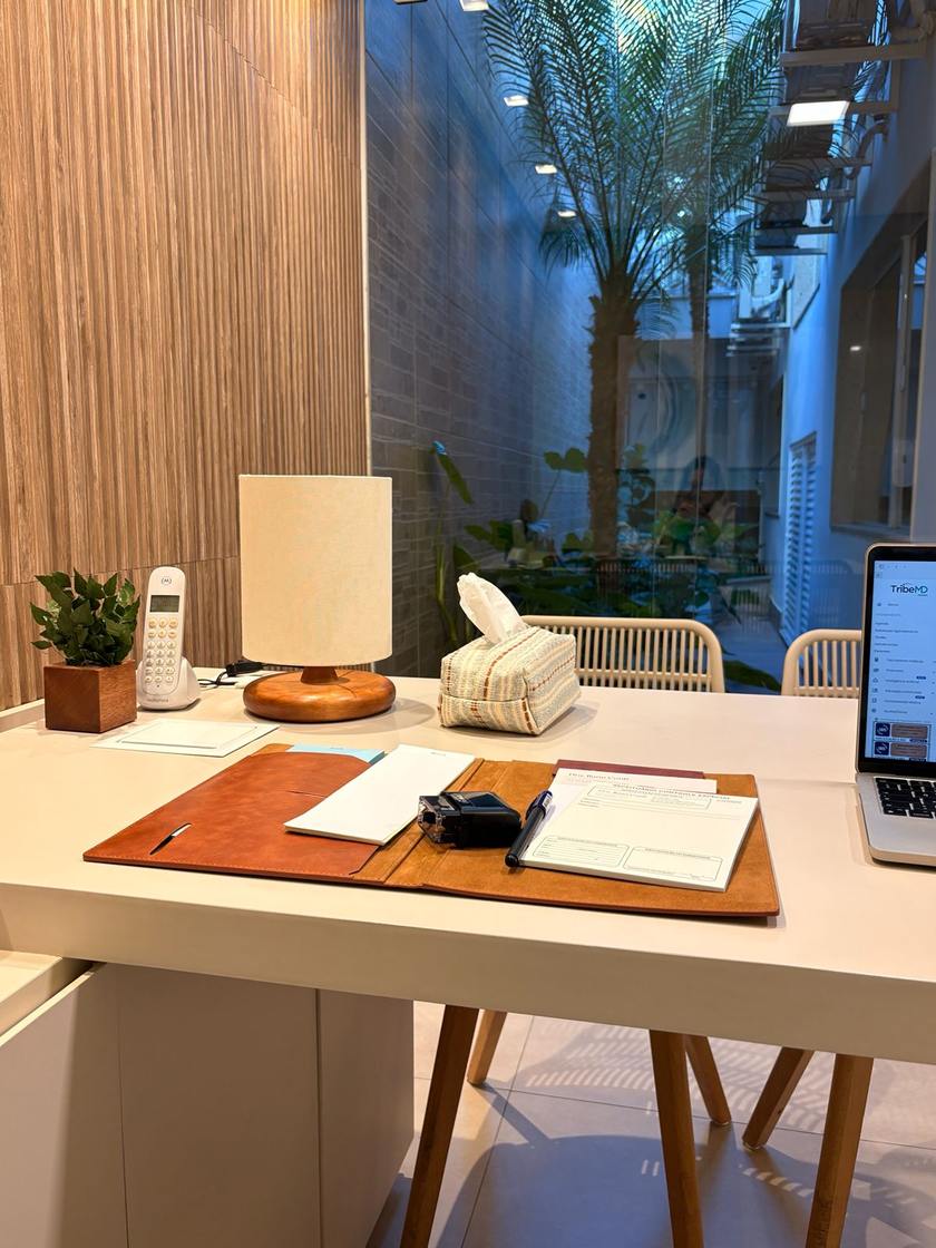 Consultório da Dra. Ilana Conti, com mesa clara, luminária, plantas e vista para área verde interna