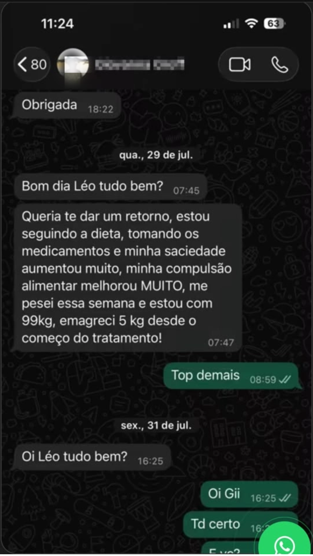 Depoimento de paciente em print de conversa