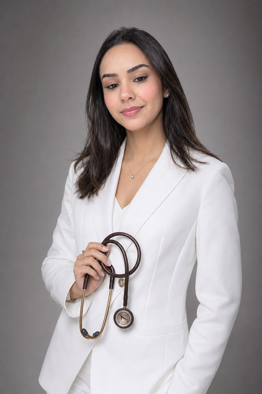 Retrato da Dra. Samara Cristina de blazer branco segurando um estetoscópio